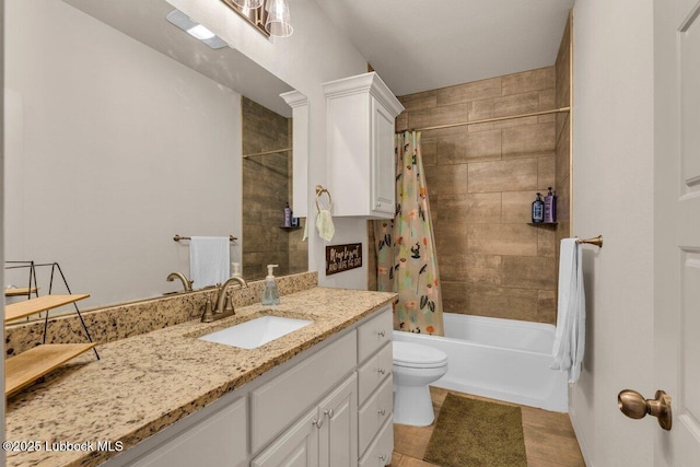 7116 23rd St, Lubbock, TX 79407 - full bathroom featuring vanity, toilet, and shower / bath combo with shower curtain
