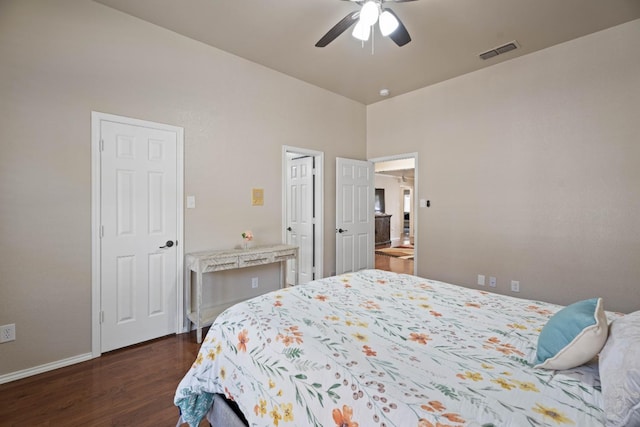 bedroom featuring dark wood-type flooring and ceiling fan