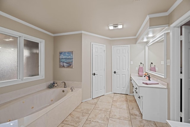 bathroom featuring vanity, a bath, crown molding, and tile patterned flooring