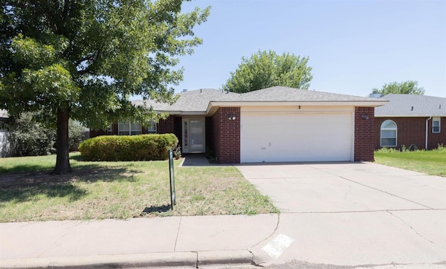 single story home with a garage and a front yard