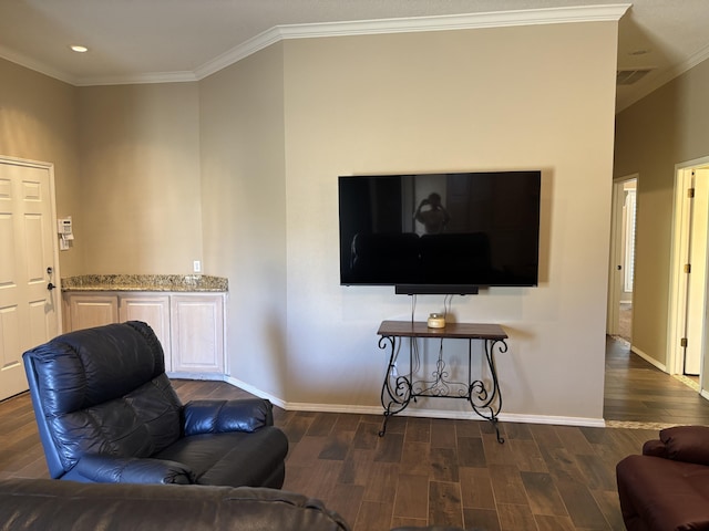 1 Squaw Ln, Ransom Canyon, TX 79366 - living area featuring dark wood-type flooring, ornamental molding, and recessed lighting