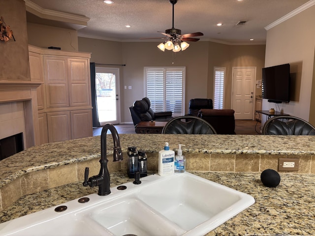 1 Squaw Ln, Ransom Canyon, TX 79366 - kitchen with ceiling fan, ornamental molding, recessed lighting, light stone counters, and a textured ceiling