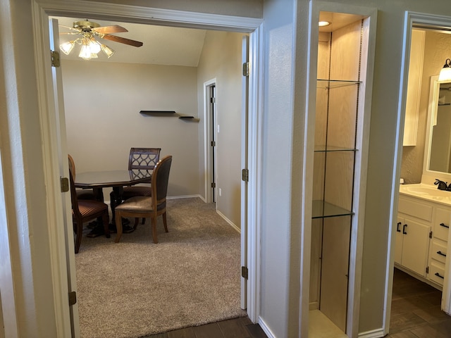 1 Squaw Ln, Ransom Canyon, TX 79366 - full bathroom with ceiling fan, vanity, a shower, and wood finished floors