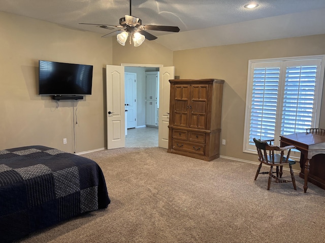 1 Squaw Ln, Ransom Canyon, TX 79366 - bedroom featuring carpet floors, vaulted ceiling, and ceiling fan