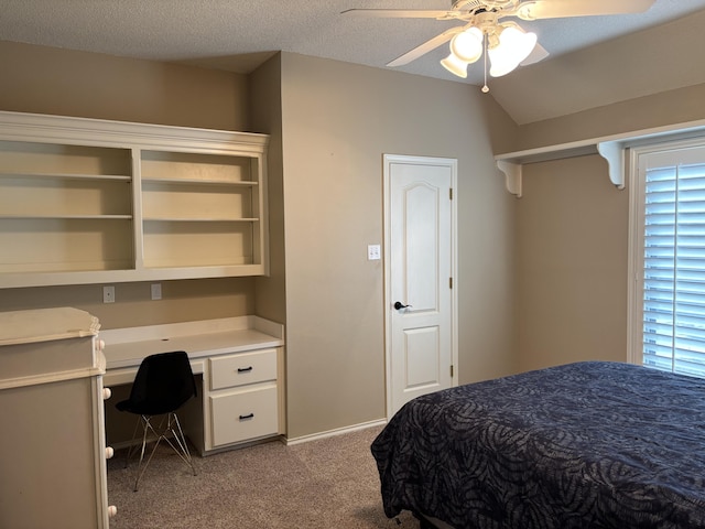 1 Squaw Ln, Ransom Canyon, TX 79366 - bedroom with light carpet, built in desk, a ceiling fan, a textured ceiling, and multiple windows