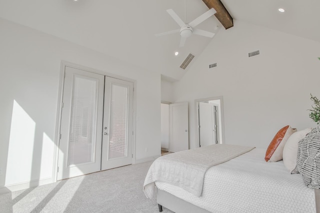 carpeted bedroom with ceiling fan, access to exterior, high vaulted ceiling, french doors, and beamed ceiling