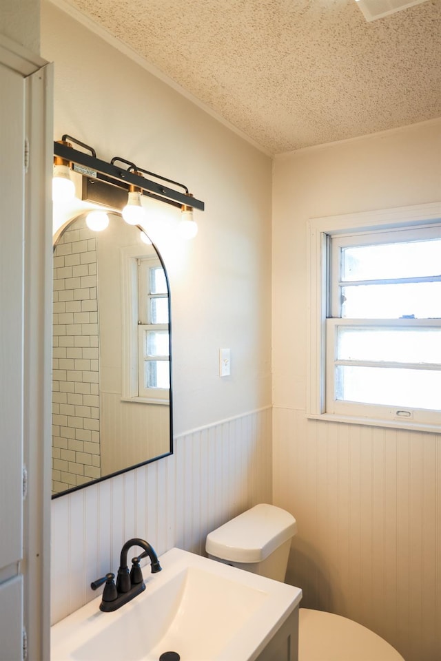 bathroom with vanity, a wealth of natural light, toilet, and a textured ceiling