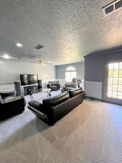 carpeted living room featuring a wealth of natural light and a textured ceiling