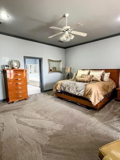 carpeted bedroom with crown molding and ceiling fan