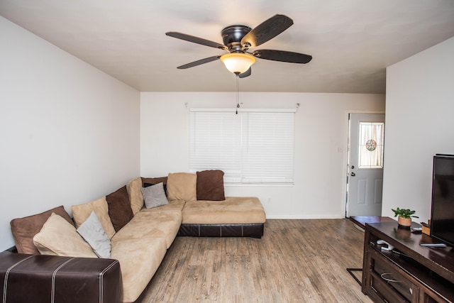 5303 46th St, Lubbock, TX 79414 - living room with baseboards, a ceiling fan, and wood finished floors