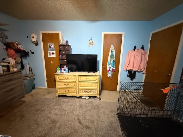 bedroom with light carpet and a textured ceiling