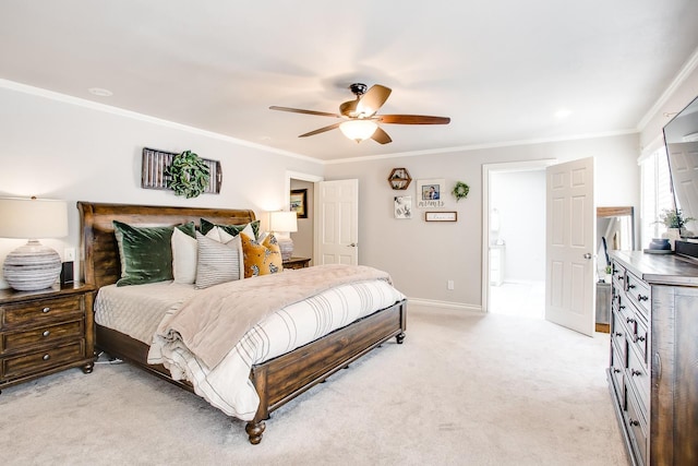 bedroom featuring ornamental molding, light colored carpet, and ceiling fan