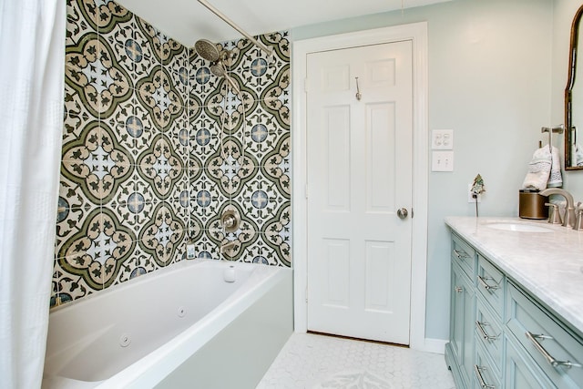 bathroom with vanity, shower / tub combo with curtain, and tile patterned floors