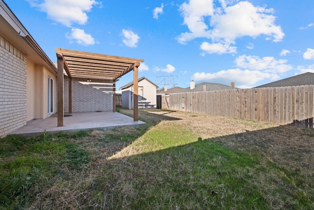 view of yard with a patio and a storage unit