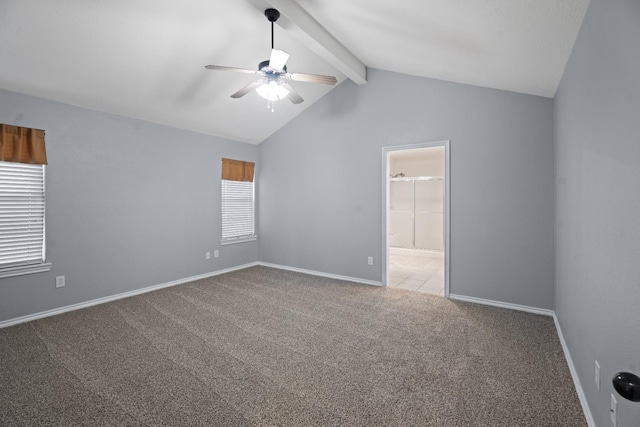 carpeted spare room with ceiling fan and vaulted ceiling with beams