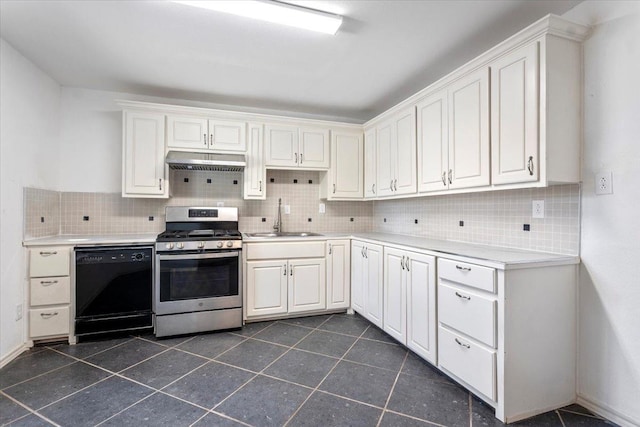 kitchen with dishwasher, sink, white cabinets, dark tile patterned flooring, and gas range