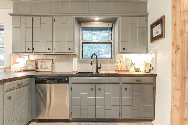 kitchen with sink, stainless steel dishwasher, backsplash, and gray cabinetry