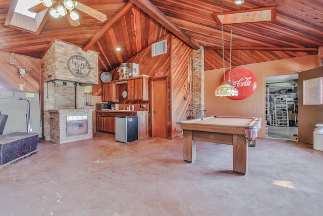 rec room with wood ceiling, visible vents, concrete flooring, billiards, and vaulted ceiling with beams