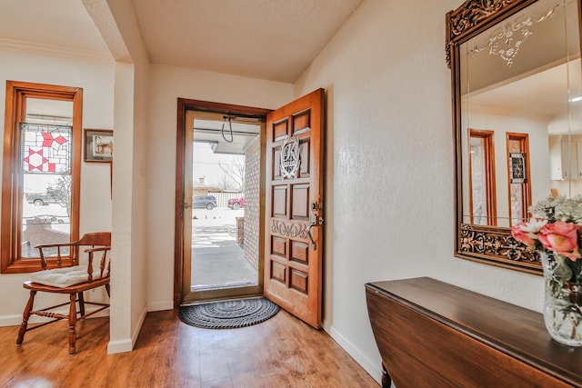 foyer with baseboards, wood finished floors, a wealth of natural light, and crown molding