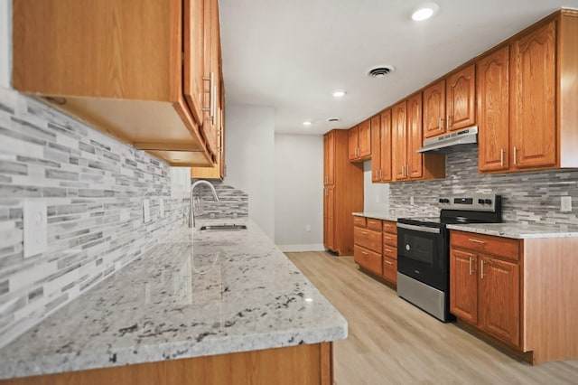 5217 45th St, Lubbock, TX 79414 - kitchen featuring electric stove, under cabinet range hood, a sink, tasteful backsplash, and light wood-style flooring
