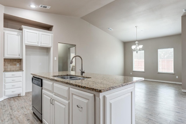 kitchen featuring sink, dishwasher, an island with sink, and white cabinets