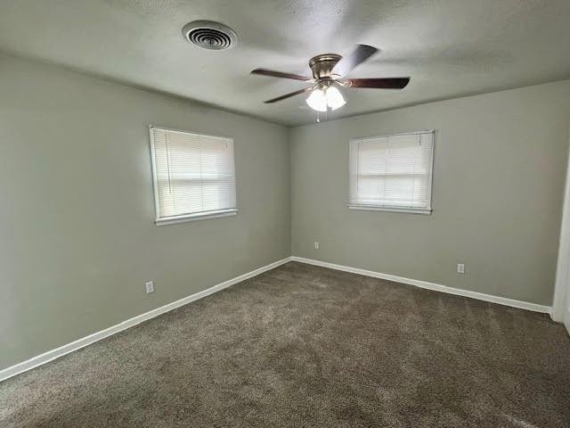 carpeted empty room with ceiling fan and a wealth of natural light