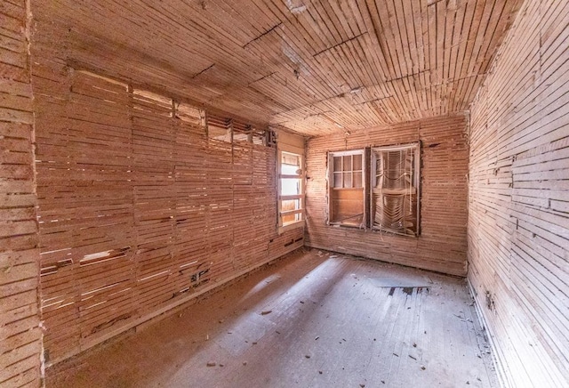 spare room with wooden ceiling and wood walls