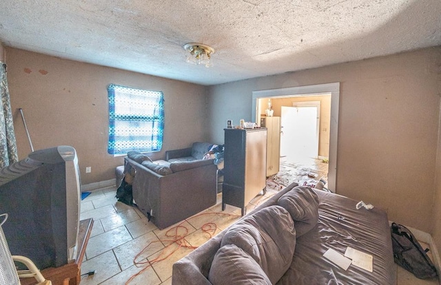 living room featuring a textured ceiling