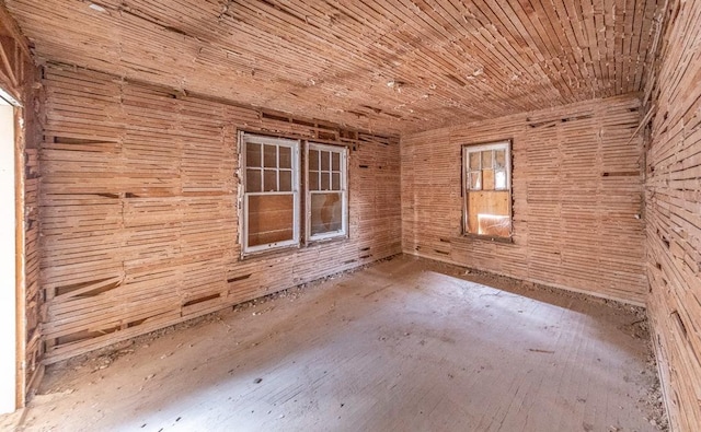 unfurnished room featuring wooden walls and wood ceiling