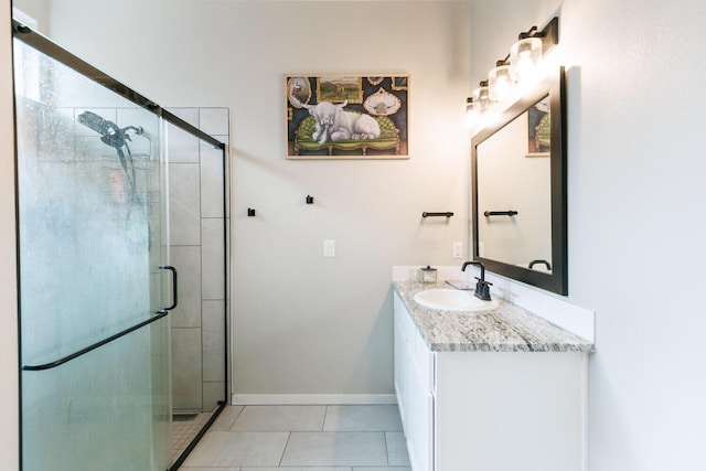 1808 144th St, Lubbock, TX 79423 - bathroom with a shower stall, baseboards, vanity, and tile patterned flooring