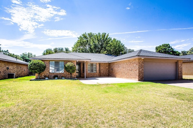 ranch-style house with a garage, central AC, and a front lawn