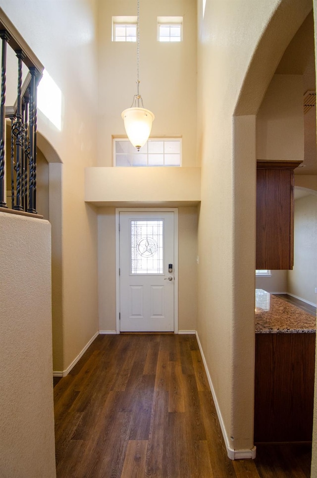 foyer featuring a towering ceiling and dark wood-type flooring