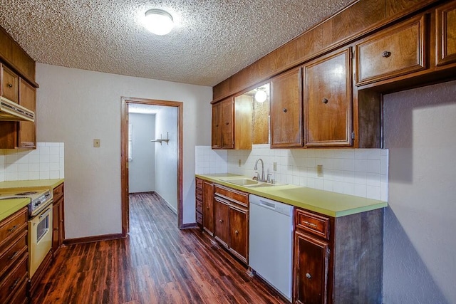 8206 Louisville Ave, Lubbock, TX 79423 - kitchen with dishwasher, electric stove, dark wood-style floors, tasteful backsplash, and under cabinet range hood