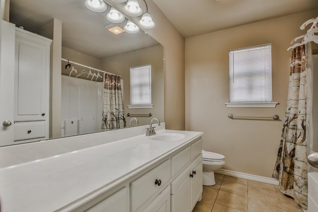 bathroom with baseboards, vanity, toilet, and tile patterned floors