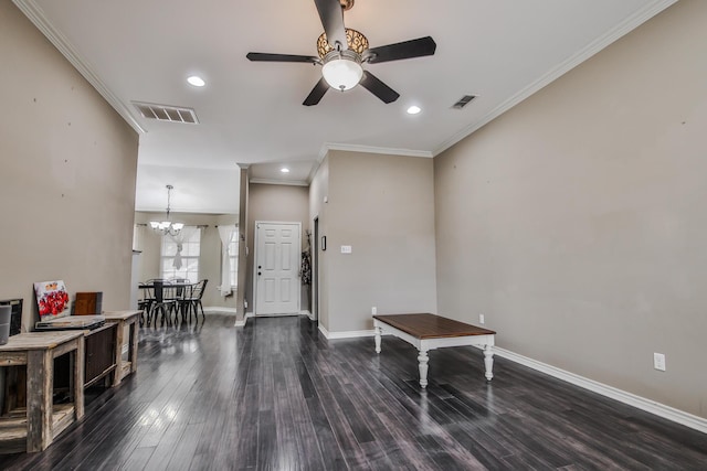 entrance foyer featuring baseboards, visible vents, dark wood-type flooring, and crown molding