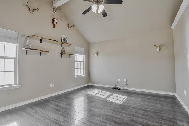 unfurnished room with ceiling fan, dark hardwood / wood-style flooring, and high vaulted ceiling