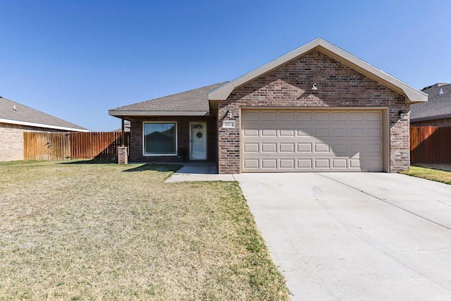 8812 16th St, Lubbock, TX 79416 - ranch-style house with driveway, a front yard, a garage, brick siding, and fence