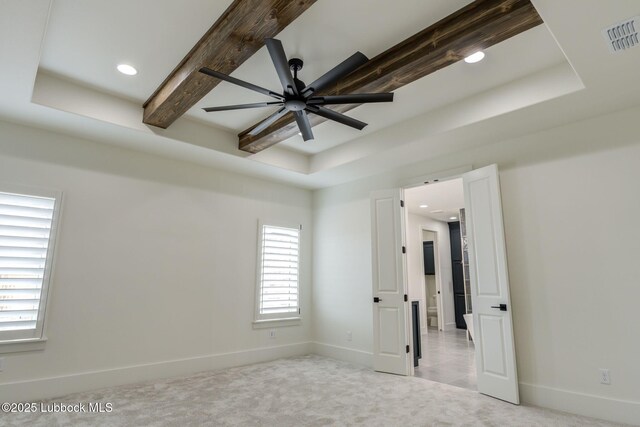 7726 46th St, Lubbock, TX 79407 - unfurnished room featuring a raised ceiling, light carpet, a ceiling fan, and recessed lighting