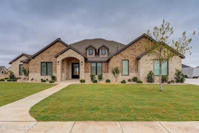 7726 46th St, Lubbock, TX 79407 - french country inspired facade with brick siding, a front lawn, and stone siding