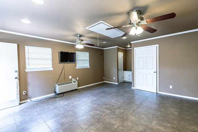 interior space with ceiling fan, ornamental molding, and a wall mounted air conditioner