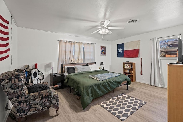 bedroom featuring ceiling fan and light wood-type flooring