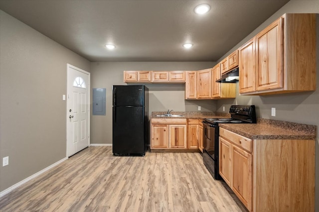 kitchen featuring sink, light wood-type flooring, light brown cabinets, electric panel, and black appliances