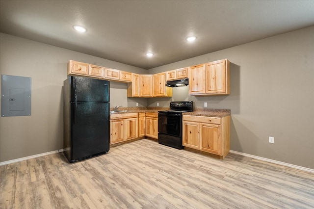 kitchen featuring sink, electric panel, black appliances, light brown cabinets, and light wood-type flooring