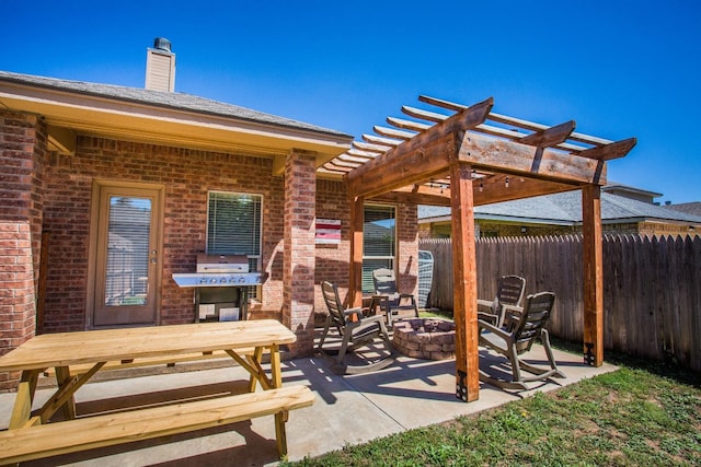 view of patio with an outdoor fire pit, a pergola, and a grill