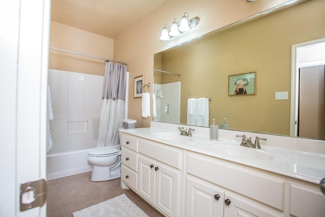 full bathroom featuring vanity, tile patterned floors, toilet, and shower / tub combo with curtain