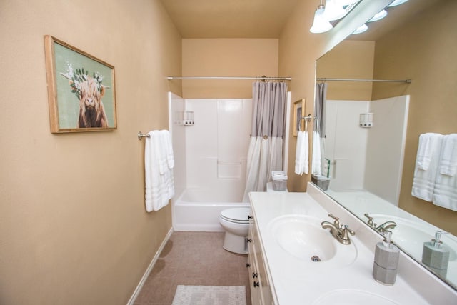 full bathroom featuring shower / tub combo with curtain, vanity, toilet, and tile patterned flooring