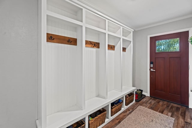 mudroom featuring dark wood-type flooring and ornamental molding