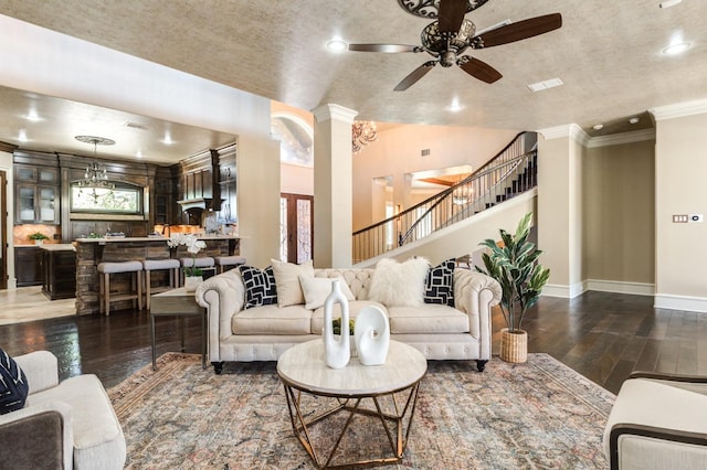 living room featuring a ceiling fan, recessed lighting, stairway, wood finished floors, and baseboards