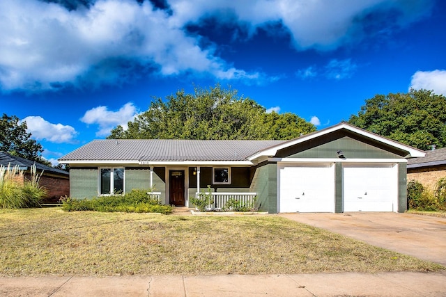 ranch-style house with a porch, a garage, and a front yard