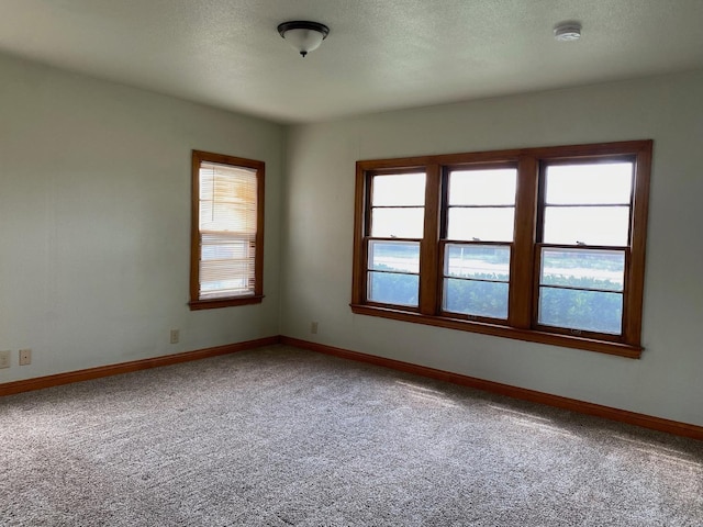 unfurnished room with a textured ceiling and carpet flooring